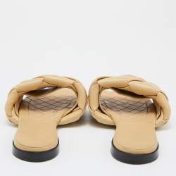 Pre Owned Bottega Veneta Beige Intrecciato Leather Lido Flat Slides Size 38 