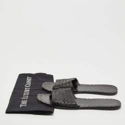 Pre Owned Bottega Veneta Black Intrecciato Leather Flat Slides Size 39