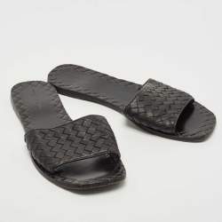 Pre Owned Bottega Veneta Black Intrecciato Leather Flat Slides Size 39