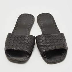 Pre Owned Bottega Veneta Black Intrecciato Leather Flat Slides Size 39