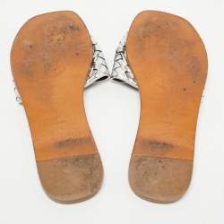 Pre Owned Bottega Veneta Silver Intrecciato Leather Flat Slides Size 39
