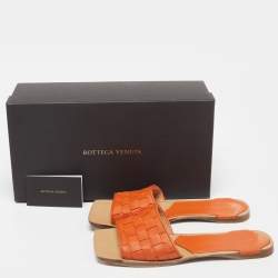 Pre Owned Bottega Veneta Orange/Beige Intrecciato Leather Square Toe Flat Slides Size 37