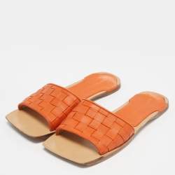 Pre Owned Bottega Veneta Orange/Beige Intrecciato Leather Square Toe Flat Slides Size 37