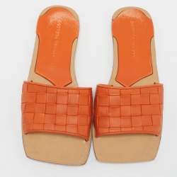 Pre Owned Bottega Veneta Orange/Beige Intrecciato Leather Square Toe Flat Slides Size 37