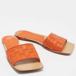 Pre Owned Bottega Veneta Orange/Beige Intrecciato Leather Square Toe Flat Slides Size 37