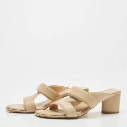 Pre Owned Bottega Veneta Beige Leather Crisscross Slide Sandals Size 40.5
