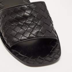Pre Owned Bottega Veneta Black Leather Intrecciato Flat Slides Size 36