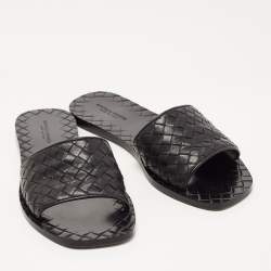 Pre Owned Bottega Veneta Black Leather Intrecciato Flat Slides Size 36