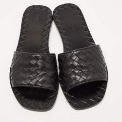 Pre Owned Bottega Veneta Black Leather Intrecciato Flat Slides Size 36