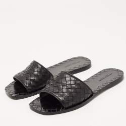 Pre Owned Bottega Veneta Black Leather Intrecciato Flat Slides Size 36
