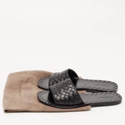 Pre Owned Bottega Veneta Black Leather Intrecciato Flat Slides Size 36