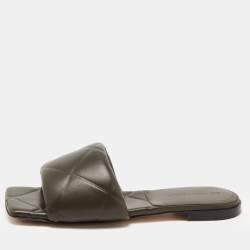Pre Owned Bottega Veneta Olive Quilted Leather Lido Flat Slides Size 37