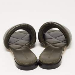 Pre Owned Bottega Veneta Olive Quilted Leather Lido Flat Slides Size 37