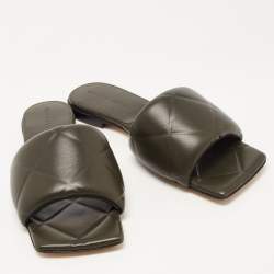 Pre Owned Bottega Veneta Olive Quilted Leather Lido Flat Slides Size 37