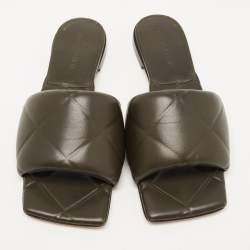Pre Owned Bottega Veneta Olive Quilted Leather Lido Flat Slides Size 37