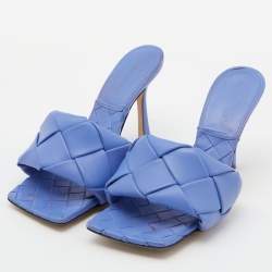 Pre Owned Bottega Veneta Blue Intrecciato Leather Lido Slide Sandals Size 37.5