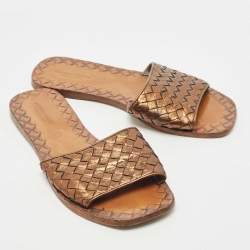 Pre Owned Bottega Veneta Metallic Intrecciato Leather Flat Slides Size 37