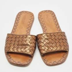Pre Owned Bottega Veneta Metallic Intrecciato Leather Flat Slides Size 37