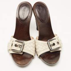 Pre Owned Bottega Veneta White Intrecciato Clog Sandals Size 37.5