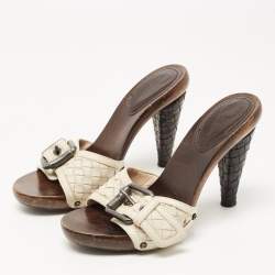 Pre Owned Bottega Veneta White Intrecciato Clog Sandals Size 37.5