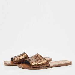 Pre Owned Bottega Veneta Metallic Intrecciato Leather Flat Slides Size 36