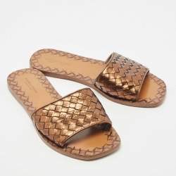 Pre Owned Bottega Veneta Metallic Intrecciato Leather Flat Slides Size 36