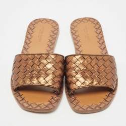 Pre Owned Bottega Veneta Metallic Intrecciato Leather Flat Slides Size 36