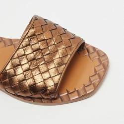 Pre Owned Bottega Veneta Metallic Intrecciato Leather Flat Slides Size 36
