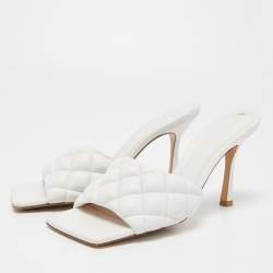 Pre Owned Bottega Veneta White Quilted Leather Lido Slide Sandals Size 38.5