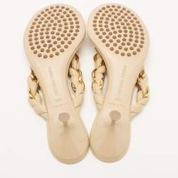 Pre Owned Bottega Veneta Beige Braided Leather and Chain Thong Sandals Size 40.5