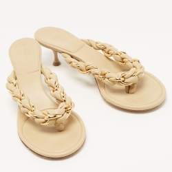 Pre Owned Bottega Veneta Beige Braided Leather and Chain Thong Sandals Size 40.5