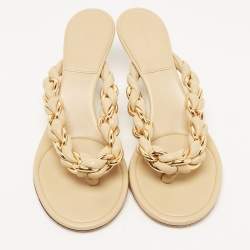 Pre Owned Bottega Veneta Beige Braided Leather and Chain Thong Sandals Size 40.5