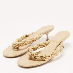 Pre Owned Bottega Veneta Beige Braided Leather and Chain Thong Sandals Size 40.5