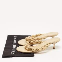 Pre Owned Bottega Veneta Beige Braided Leather and Chain Thong Sandals Size 40.5