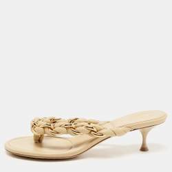 Pre Owned Bottega Veneta Beige Braided Leather and Chain Thong Sandals Size 40.5