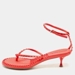 Pre Owned Bottega Veneta Neon Red Studded Leather Ankle Strap Sandals Size 40.5