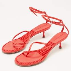 Pre Owned Bottega Veneta Neon Red Studded Leather Ankle Strap Sandals Size 40.5