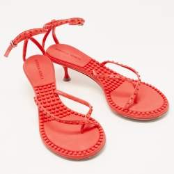 Pre Owned Bottega Veneta Neon Red Studded Leather Ankle Strap Sandals Size 40.5