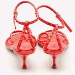 Pre Owned Bottega Veneta Neon Red Studded Leather Ankle Strap Sandals Size 40.5