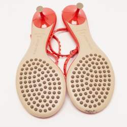 Pre Owned Bottega Veneta Neon Red Studded Leather Ankle Strap Sandals Size 40.5