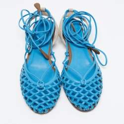 مملوكة مسبقًا Bottega Veneta Blue Leather Ankle Strap Lace Up Sandals Size 38.5