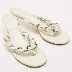 Pre Owned Bottega Veneta Off White Braided Leather & Chain Thong Sandals  Size 40.5