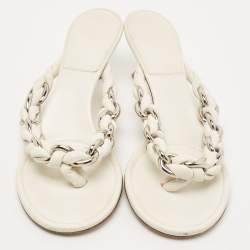 Pre Owned Bottega Veneta Off White Braided Leather & Chain Thong Sandals  Size 40.5