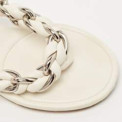 Pre Owned Bottega Veneta Off White Braided Leather & Chain Thong Sandals  Size 40.5