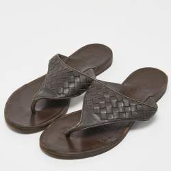 Pre Owned Bottega Veneta Brown Woven Leather Intrecciato Thong  Flat Sandals Size 36