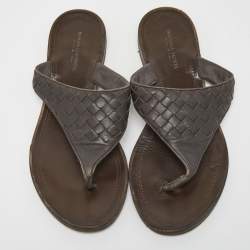 Pre Owned Bottega Veneta Brown Woven Leather Intrecciato Thong  Flat Sandals Size 36