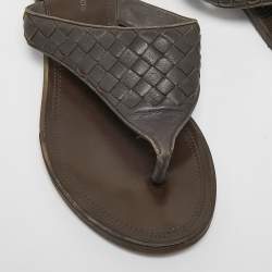 Pre Owned Bottega Veneta Brown Woven Leather Intrecciato Thong  Flat Sandals Size 36