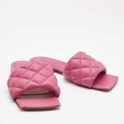 Pre Owned Bottega Veneta Pink Quilted Leather Flat Slides Size 37.5