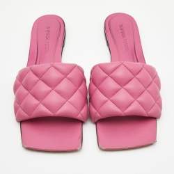 Pre Owned Bottega Veneta Pink Quilted Leather Flat Slides Size 37.5