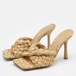 مملوكة مسبقًا Bottega Veneta Beige Raffia Lido Slide Sandals Size 38